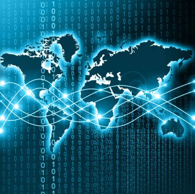 Dünya Haritası üzerinde teknolojik bir arka plan, parlak çizgiler semboller Internet, radyo, televizyon, telefon ve uydu iletişim.