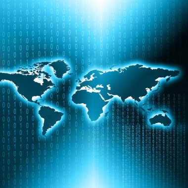 Dünya Haritası üzerinde teknolojik bir arka plan, parlak çizgiler semboller Internet, radyo, televizyon, telefon ve uydu iletişim.
