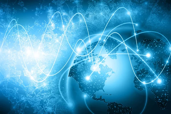 "Best Internet Concept of Global Business" (engelsk). Globe, glødende linjer om teknologisk bakgrunn. Wi-Fi, stråler, symboler Internett, 3D-illustrasjon – stockfoto