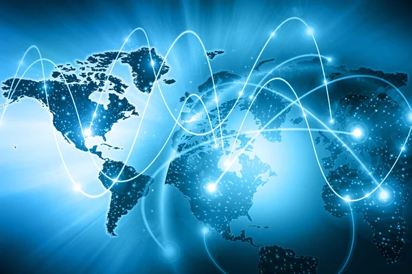 全球商业的最佳互联网概念。环球，发光的线条在技术背景。Wi-Fi 、射线、符号、互联网、 3D插图 — 图库照片
