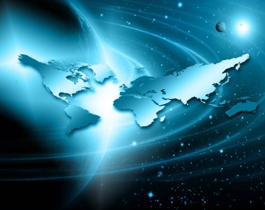 Dünya Haritası üzerinde teknolojik bir arka plan, parlak çizgiler semboller Internet, radyo, televizyon, telefon ve uydu iletişim.