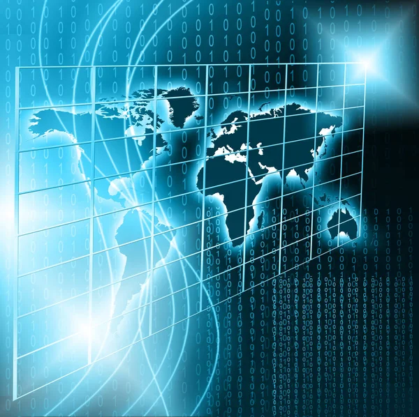Mapa del mundo sobre un fondo tecnológico, líneas luminosas símbolos de Internet, radio, televisión, comunicaciones móviles y por satélite . — Foto de Stock