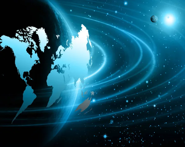 Mapa del mundo sobre un fondo tecnológico, líneas luminosas símbolos de Internet, radio, televisión, comunicaciones móviles y por satélite . — Foto de Stock