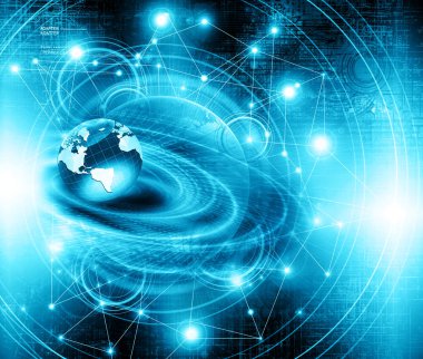 Global iş dünyasının en iyi internet kavramı. Küre, teknolojik arka planda parlayan çizgiler. Wi-Fi, ışınlar, semboller İnternet, 3 boyutlu illüstrasyon