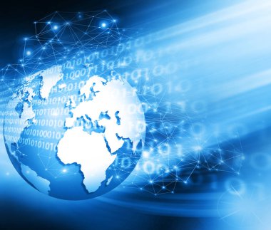 Global iş dünyasının en iyi internet kavramı. Küre, teknolojik arka planda parlayan çizgiler. Wi-Fi, ışınlar, semboller İnternet, 3 boyutlu illüstrasyon