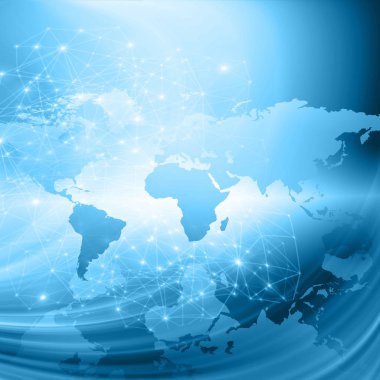 Dünya Haritası üzerinde teknolojik bir arka plan, parlak çizgiler semboller Internet, radyo, televizyon, telefon ve uydu iletişim.