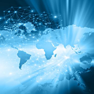 Dünya Haritası üzerinde teknolojik bir arka plan, parlak çizgiler semboller Internet, radyo, televizyon, telefon ve uydu iletişim.