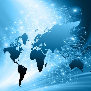 Dünya Haritası üzerinde teknolojik bir arka plan, parlak çizgiler semboller Internet, radyo, televizyon, telefon ve uydu iletişim.