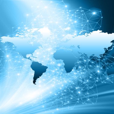 Dünya Haritası üzerinde teknolojik bir arka plan, parlak çizgiler semboller Internet, radyo, televizyon, telefon ve uydu iletişim.