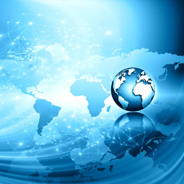 Dünya Haritası üzerinde teknolojik bir arka plan, parlak çizgiler semboller Internet, radyo, televizyon, telefon ve uydu iletişim.