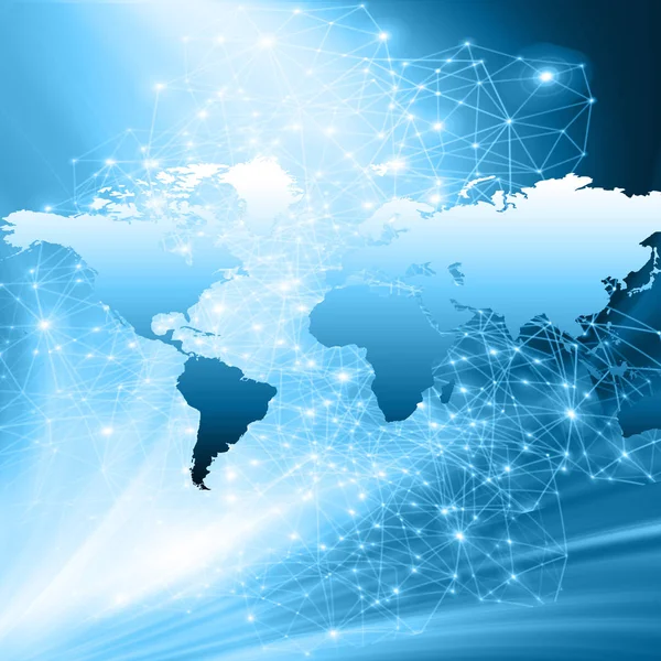 Mapa do mundo sobre um fundo tecnológico, linhas brilhantes símbolos da Internet, rádio, televisão, comunicações móveis e por satélite . — Fotografia de Stock