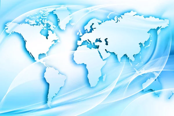 Mappa del mondo su sfondo tecnologico, linee luminose simboli di Internet, radio, televisione, comunicazioni mobili e satellitari . — Foto Stock