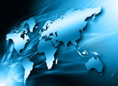 Dünya Haritası üzerinde teknolojik bir arka plan, parlak çizgiler semboller Internet, radyo, televizyon, telefon ve uydu iletişim.