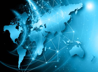 Dünya Haritası üzerinde teknolojik bir arka plan, parlak çizgiler semboller Internet, radyo, televizyon, telefon ve uydu iletişim.