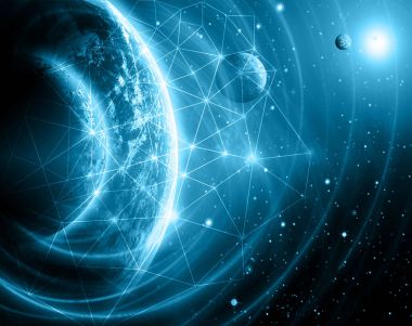 En iyi Internet kavramı küresel iş. Teknolojik arka plan. Sembolleri Wi-Fi, Internet, televizyon, telefon ve uydu iletişim ışınları