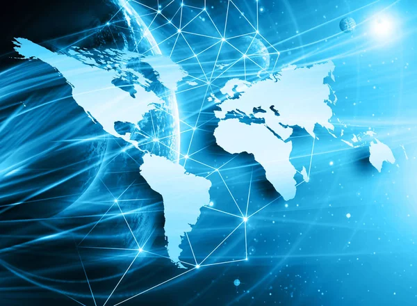 Mapa do mundo sobre um fundo tecnológico, linhas brilhantes símbolos da Internet, rádio, televisão, comunicações móveis e por satélite . — Fotografia de Stock