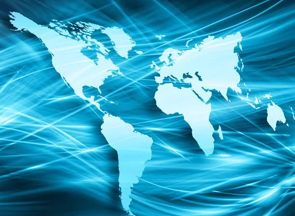 Mapa do mundo sobre um fundo tecnológico, linhas brilhantes símbolos da Internet, rádio, televisão, comunicações móveis e por satélite . — Fotografia de Stock