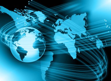 Global iş dünyasının en iyi internet kavramı. Küre, teknolojik arka planda parlayan çizgiler. Wi-Fi, ışınlar, semboller İnternet, 3 boyutlu illüstrasyon