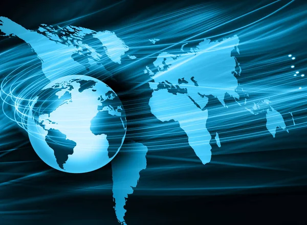 A legjobb internetes koncepció a globális üzletről. Globe, ragyogó vonalak technológiai háttérrel. Wi-Fi, sugarak, szimbólumok Internet, 3D illusztráció — Stock Fotó