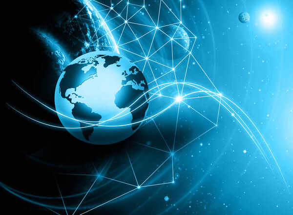 Лучший интернет-проект глобального бизнеса. Глобус, светящиеся линии на технологическом фоне. Wi-Fi, лучи, символы Интернет, 3D иллюстрация
