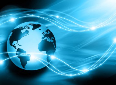 Global iş dünyasının en iyi internet kavramı. Küre, teknolojik arka planda parlayan çizgiler. Wi-Fi, ışınlar, semboller İnternet, 3 boyutlu illüstrasyon