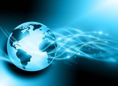 Global iş dünyasının en iyi internet kavramı. Küre, teknolojik arka planda parlayan çizgiler. Wi-Fi, ışınlar, semboller İnternet, 3 boyutlu illüstrasyon