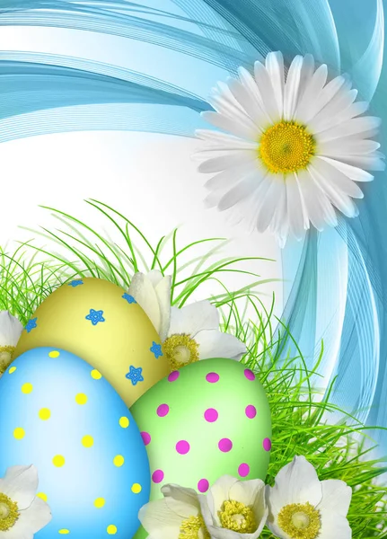 Kartka Wielkanocna. Jaja, kwiaty, trawy, 3d — Zdjęcie stockowe