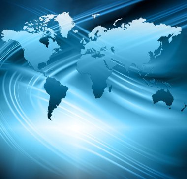 Dünya Haritası üzerinde teknolojik bir arka plan, parlak çizgiler semboller Internet, radyo, televizyon, telefon ve uydu iletişim.