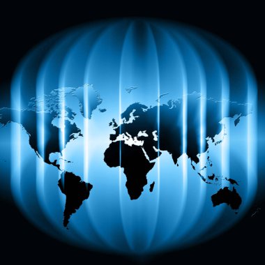 Dünya Haritası üzerinde teknolojik bir arka plan, parlak çizgiler semboller Internet, radyo, televizyon, telefon ve uydu iletişim.