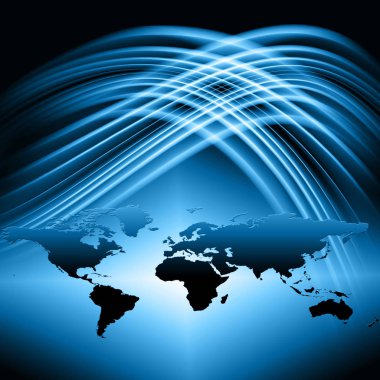 Dünya Haritası üzerinde teknolojik bir arka plan, parlak çizgiler semboller Internet, radyo, televizyon, telefon ve uydu iletişim.