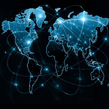 Dünya Haritası üzerinde teknolojik bir arka plan, parlak çizgiler semboller Internet, radyo, televizyon, telefon ve uydu iletişim.