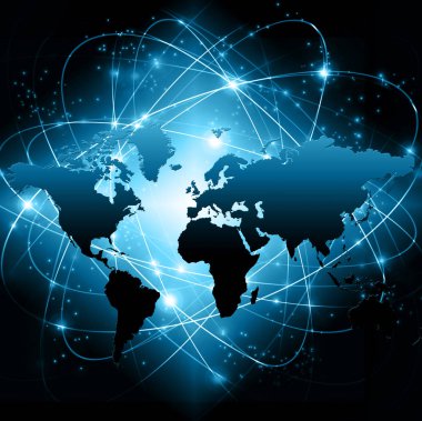 Dünya Haritası üzerinde teknolojik bir arka plan, parlak çizgiler semboller Internet, radyo, televizyon, telefon ve uydu iletişim.