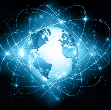 Global iş dünyasının en iyi internet kavramı. Küre, teknolojik arka planda parlayan çizgiler. Wi-Fi, ışınlar, semboller İnternet, 3 boyutlu illüstrasyon
