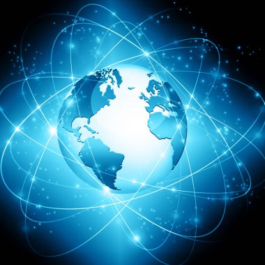 Global iş dünyasının en iyi internet kavramı. Küre, teknolojik arka planda parlayan çizgiler. Wi-Fi, ışınlar, semboller İnternet, 3 boyutlu illüstrasyon