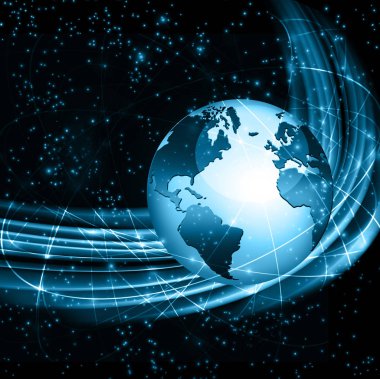 Global iş dünyasının en iyi internet kavramı. Küre, teknolojik arka planda parlayan çizgiler. Wi-Fi, ışınlar, semboller İnternet, 3 boyutlu illüstrasyon
