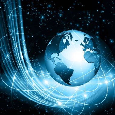 Global iş dünyasının en iyi internet kavramı. Küre, teknolojik arka planda parlayan çizgiler. Wi-Fi, ışınlar, semboller İnternet, 3 boyutlu illüstrasyon