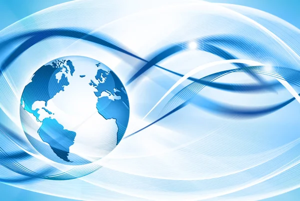 Nejlepší internetová koncepce globálního podnikání. Globe, zářící čáry na technologickém pozadí. Wi-Fi, paprsky, symboly Internet, 3D ilustrace — Stock fotografie