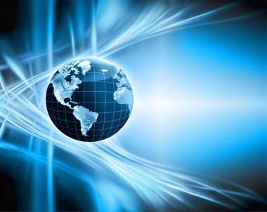 Global iş dünyasının en iyi internet kavramı. Küre, teknolojik arka planda parlayan çizgiler. Wi-Fi, ışınlar, semboller İnternet, 3 boyutlu illüstrasyon
