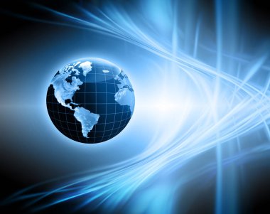 Global iş dünyasının en iyi internet kavramı. Küre, teknolojik arka planda parlayan çizgiler. Wi-Fi, ışınlar, semboller İnternet, 3 boyutlu illüstrasyon