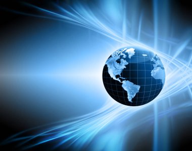 Global iş dünyasının en iyi internet kavramı. Küre, teknolojik arka planda parlayan çizgiler. Wi-Fi, ışınlar, semboller İnternet, 3 boyutlu illüstrasyon