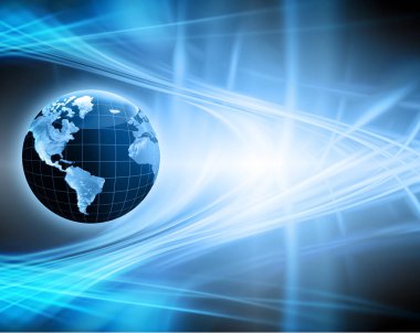Global iş dünyasının en iyi internet kavramı. Küre, teknolojik arka planda parlayan çizgiler. Wi-Fi, ışınlar, semboller İnternet, 3 boyutlu illüstrasyon