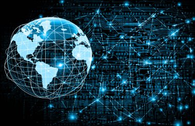 Global iş dünyasının en iyi internet kavramı. Küre, teknolojik arka planda parlayan çizgiler. Wi-Fi, ışınlar, semboller İnternet, 3 boyutlu illüstrasyon