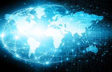 Dünya Haritası üzerinde teknolojik bir arka plan, parlak çizgiler semboller Internet, radyo, televizyon, telefon ve uydu iletişim.