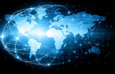 Dünya Haritası üzerinde teknolojik bir arka plan, parlak çizgiler semboller Internet, radyo, televizyon, telefon ve uydu iletişim.