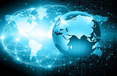 Global iş dünyasının en iyi internet kavramı. Küre, teknolojik arka planda parlayan çizgiler. Wi-Fi, ışınlar, semboller İnternet, 3 boyutlu illüstrasyon