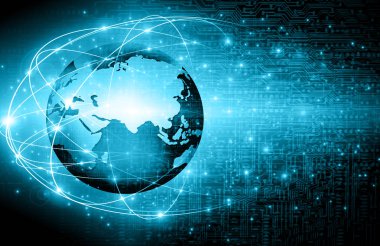 Global iş dünyasının en iyi internet kavramı. Küre, teknolojik arka planda parlayan çizgiler. Wi-Fi, ışınlar, semboller İnternet, 3 boyutlu illüstrasyon