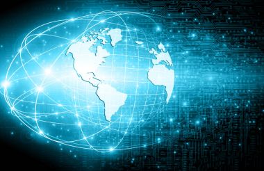 Global iş dünyasının en iyi internet kavramı. Küre, teknolojik arka planda parlayan çizgiler. Wi-Fi, ışınlar, semboller İnternet, 3 boyutlu illüstrasyon