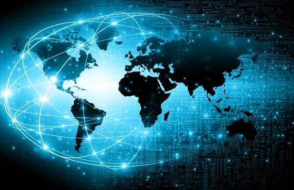 Weltkarte auf technologischem Hintergrund, leuchtende Linien Symbole des Internets, Radio, Fernsehen, Mobilfunk und Satellitenkommunikation. — Stockfoto