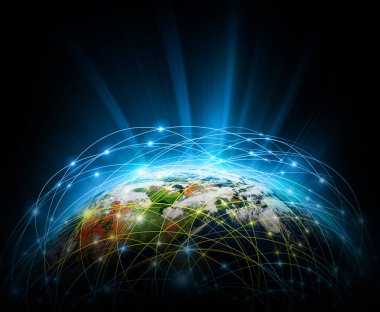 Dünyadan Uzaya. Kavram serisinden küresel iş dünyasının en iyi internet kavramı. Bu görüntünün elementleri NASA tarafından döşenmiştir. 3B illüstrasyon