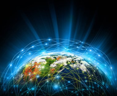 Dünyadan Uzaya. Kavram serisinden küresel iş dünyasının en iyi internet kavramı. Bu görüntünün elementleri NASA tarafından döşenmiştir. 3B illüstrasyon